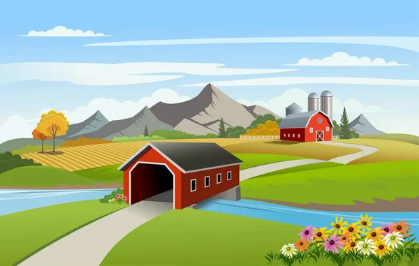 Illustration Vectorielle Paysage Rural Pittoresque Avec Pont Couvert Grange — Image vectorielle