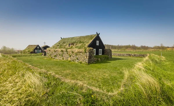 Historyczne Islandzkie Domy Roślinami Trawą Dachu — Zdjęcie stockowe