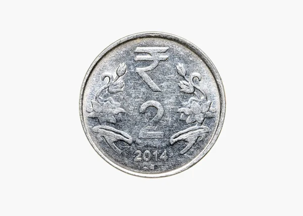 Detailní Záběr Dvou Rupií Mince Izolované Bílém Pozadí — Stock fotografie