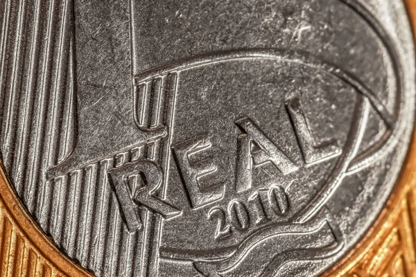 Extrem Närbild Skott Ett Riktigt Brasilianskt Mynt — Stockfoto