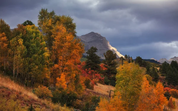 Scenic Autumn Landscape Autumn Trees Mountain Peak Cloudy Sky San — Stock Photo, Image