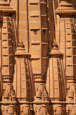 Detail red sand stone architecture of historic Chandraprabhu Temple is an exemplary Jain temple built in the 16th century.