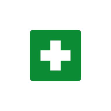 Yeşil çarpı izole vektör tıbbi veya eczane simgesi işareti veya sembol. Beyaz arka planda izole edilmiş vektör düz tıbbi çizim. İlk yardım. Logo.