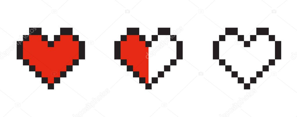 Pixel art set of red hearts of life. Vector illustration isolated on white background