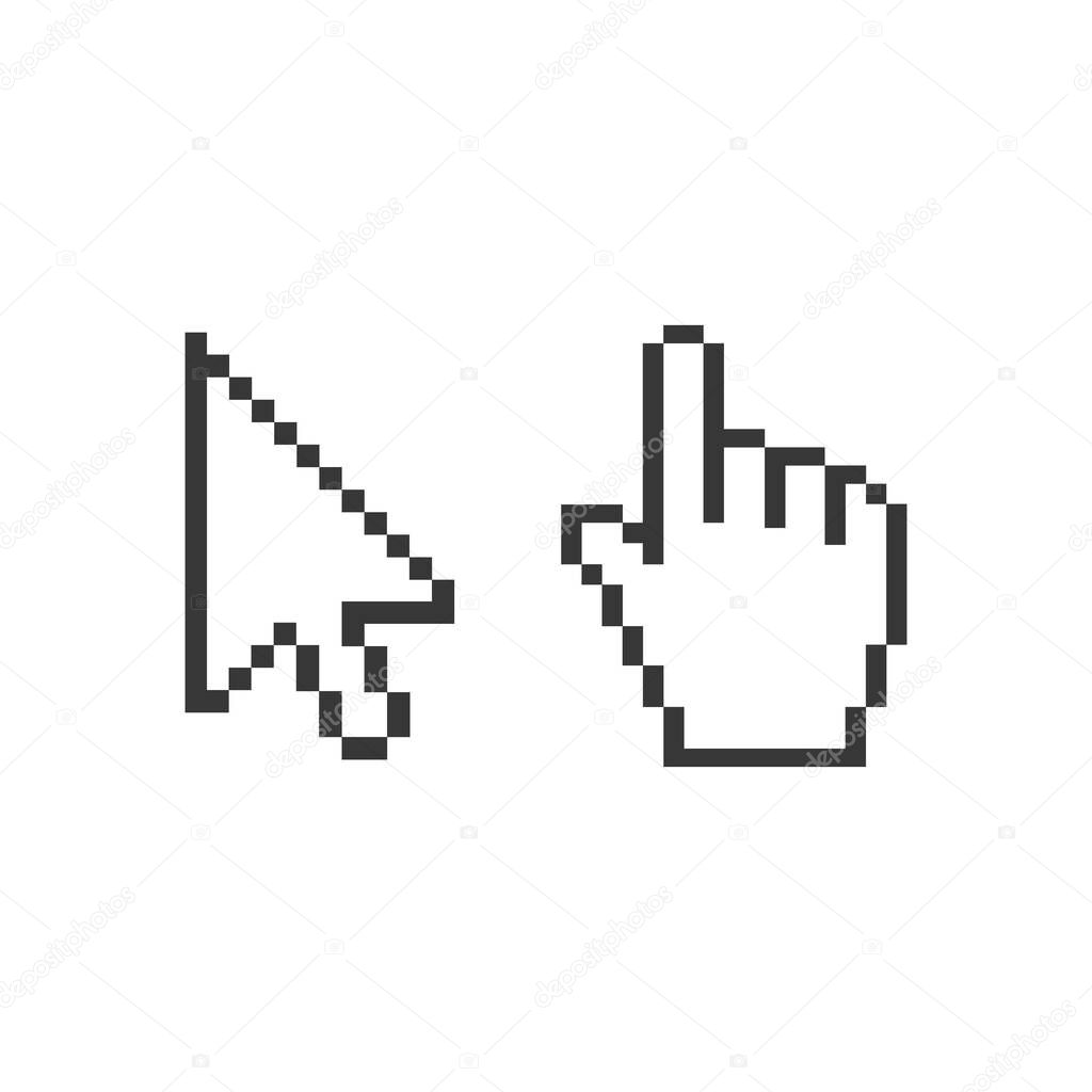 Pixel computer pointer, hand with forefinger, arrow, vector illustration isolated on white background.