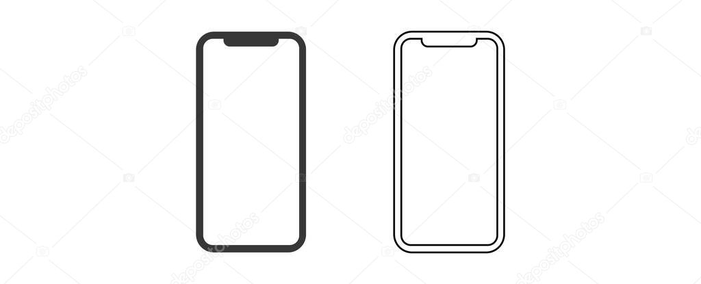 Smartphone blank screen, phone mockup. Black, line. Vector illustration isolated on white background.