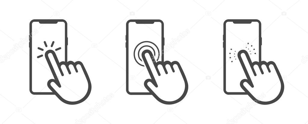 Hand touchscreen smartphone icon. Click on the smartphone. Vector illustration isolated on white background