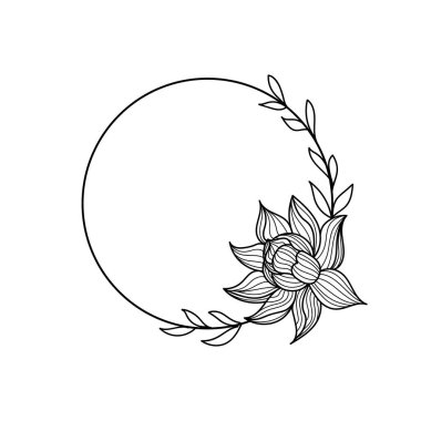 Yuvarlak çiçek çerçevesi. Lotus yaprakları ve çiçekler elementleri dizayn eder. Siyah beyaz arka plan. Vektör illüstrasyonu beyaz ofiste izole edildi