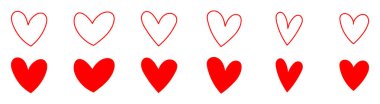Bir dizi kırmızı el çizilmiş kalp. Kabataslak kalp işaretleri beyaz arka planda izole edilmiş. Vektör illüstrasyonu.