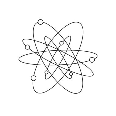 Atom simgesi. Bilim sembolü. Bir atomun çekirdeği etrafında birçok elektron döner. Beyaz arkaplan üzerinde vektör çizimi