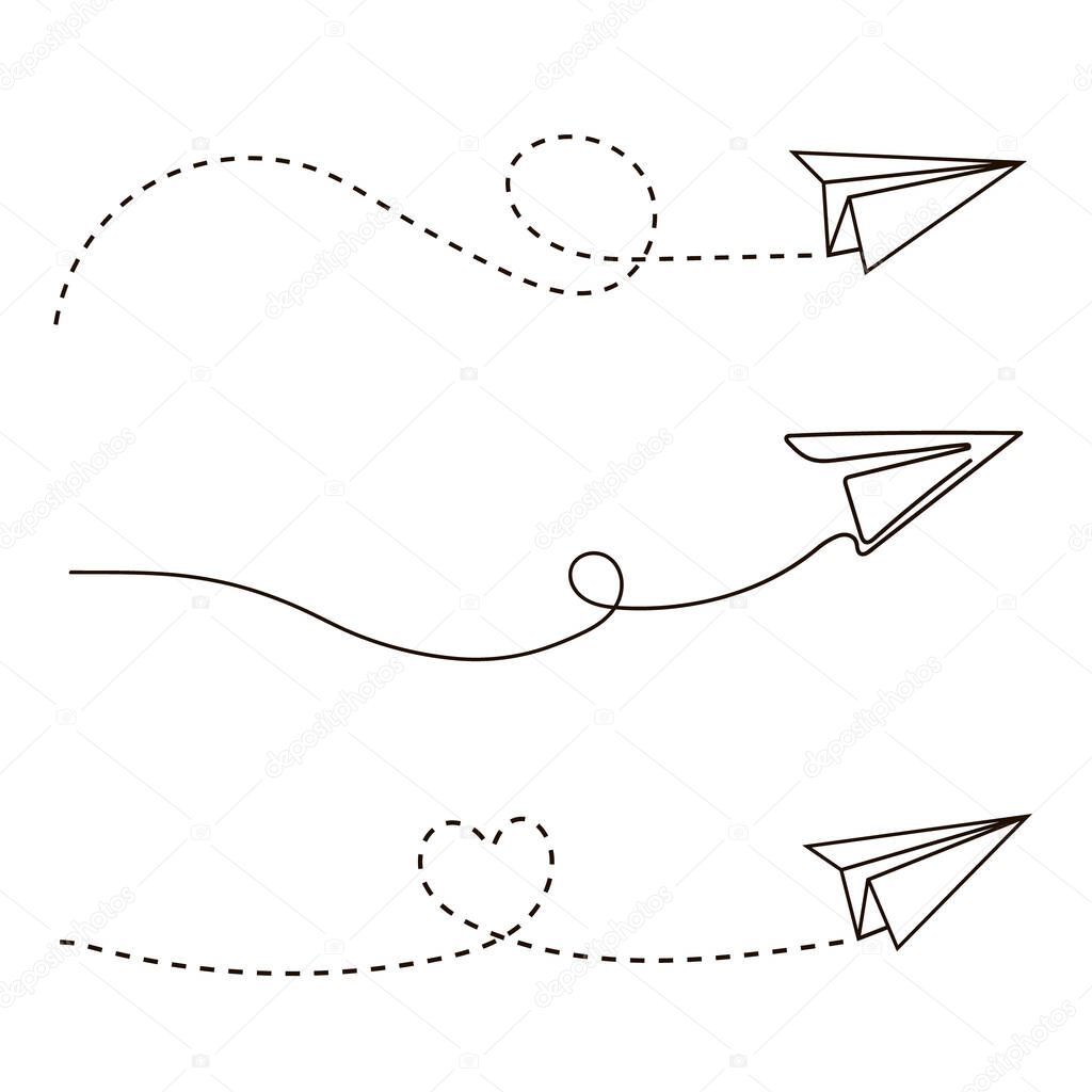 Set of paper airplanes. Travel symbol. Line icon. Vector illustration isolated on white background.
