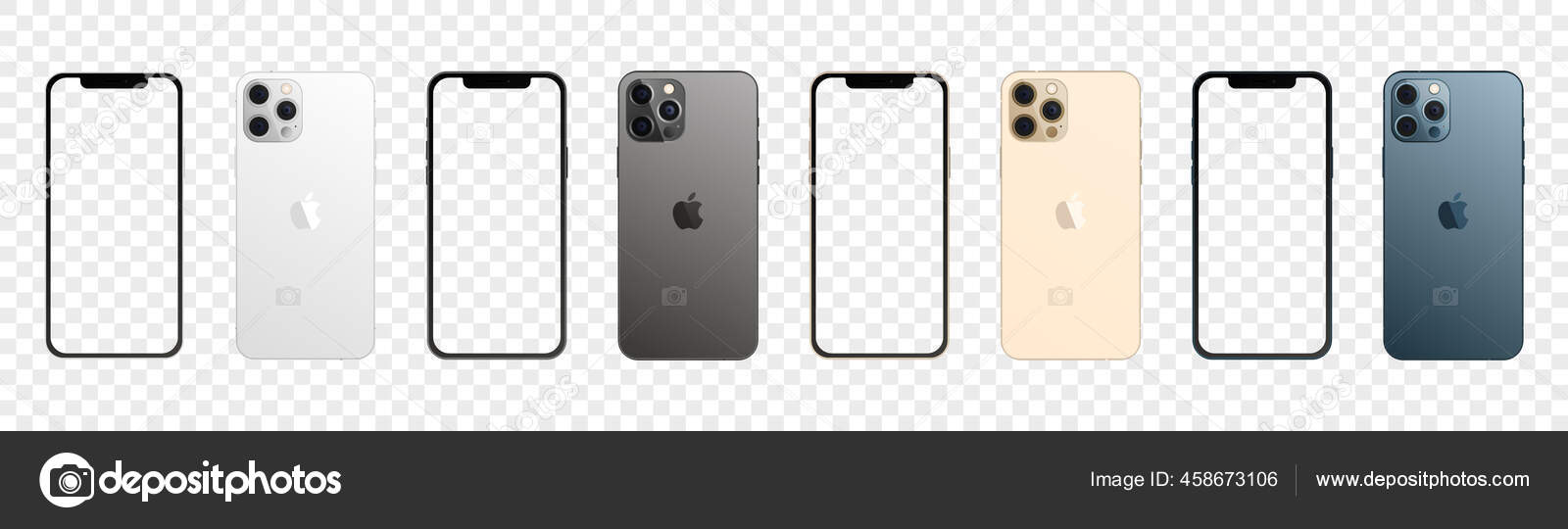 Download Apple Iphone 12 Pro Max In Four Colors Iphone Mockup Set With Blank Screen Vector Illustration Isolated On Transparent Background Stock Vector Royalty Free Vector Image By C Dariachekman 458673106
