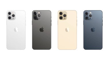 Apple iPhone 12 Pro Max dört renkli. İphone düzenini ayarla. Telefonun arkası. Vektör illüstrasyonu beyaz arkaplanda izole edildi
