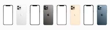 Apple iPhone 12 Pro Max dört renkli. Model seti. Vektör illüstrasyonu beyaz arkaplanda izole edildi.