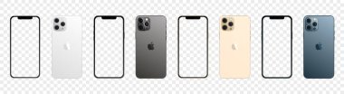 Apple iPhone 12 Pro Max dört renkli. Boş ekran ile telefon modelleme seti. Vektör illüstrasyonu şeffaf arkaplanda izole edildi.