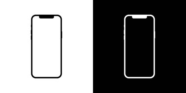 Siyah beyaz arka planda cep telefonu modeli ve boş ekran. Vektör illüstrasyonu