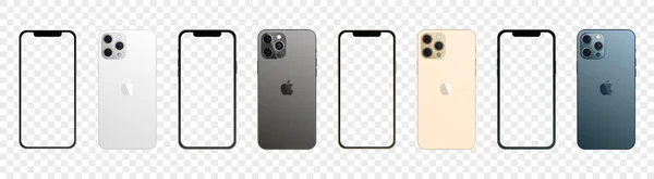 Apple iPhone 12 Pro Max dört renkli. Boş ekran ile telefon modelleme seti. Vektör illüstrasyonu şeffaf arkaplanda izole edildi.