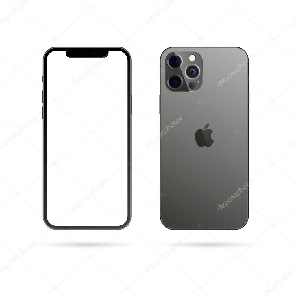 Realistic iPhone 12 pro mockup. Smartphone mockup with white screen. Mobile phone. Vector illustration isolated on white background