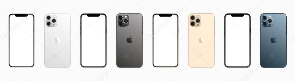 Apple iPhone 12 Pro Max in four colors. Iphone mockup set. Vector illustration isolated on white background.