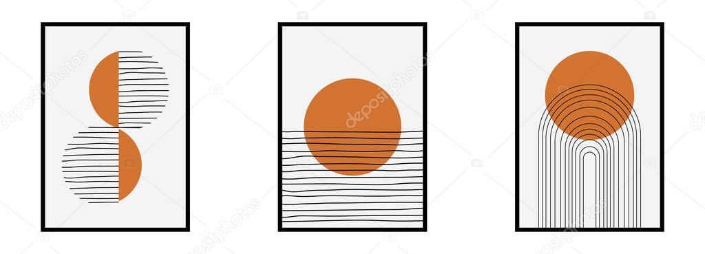 Abstract sun moon posters set. Modern minimalistic boho style backgrounds. Wall decor. Vector illustration.