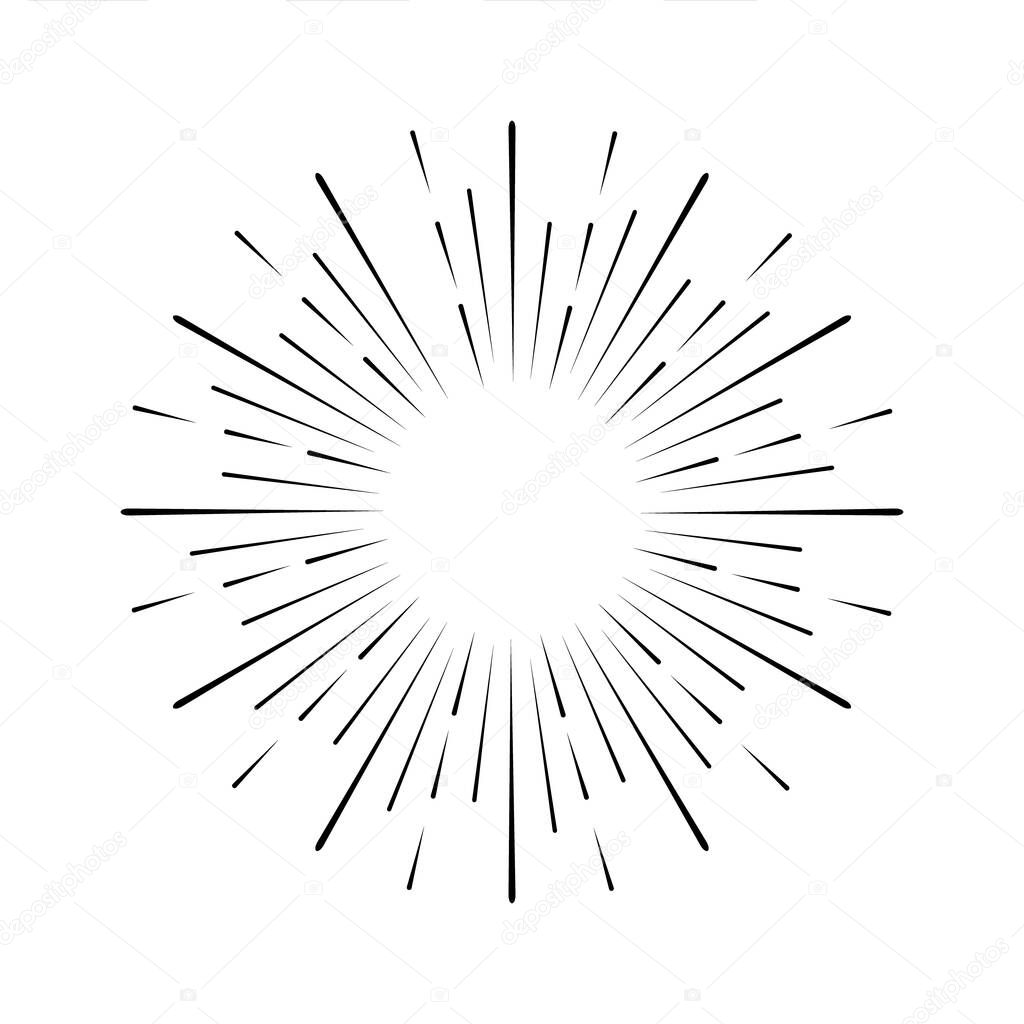 Linear drawing of sun rays in vintage style isolated on white background