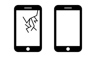 Ekranda çatlak olan akıllı telefon. Cep telefonu siyah simgesi. Düz tasarım