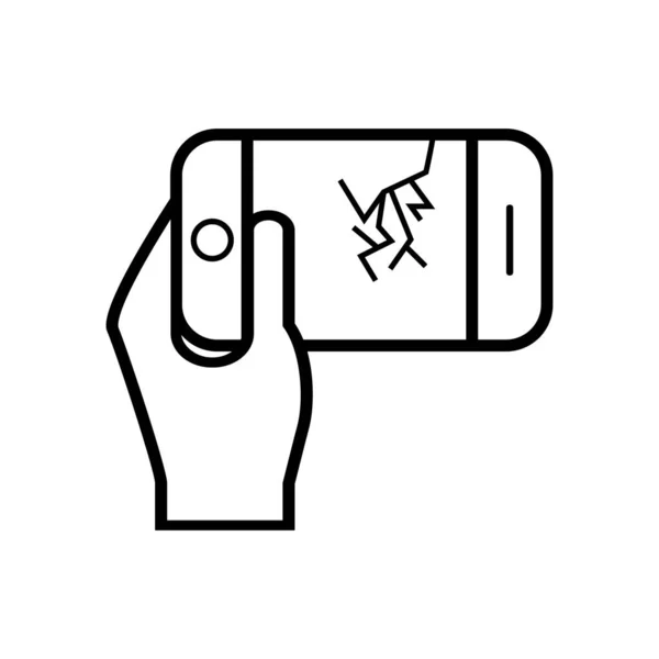 En la mano un smartphone con una grieta en la pantalla. Icono negro del teléfono móvil. Diseño plano — Vector de stock