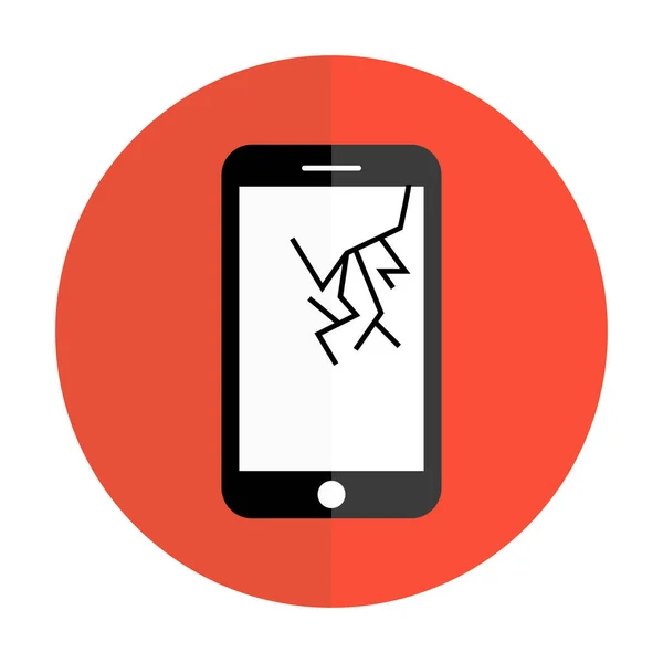 Icono rojo del smartphone con una grieta en la pantalla. Icono negro del teléfono móvil. Diseño plano — Vector de stock