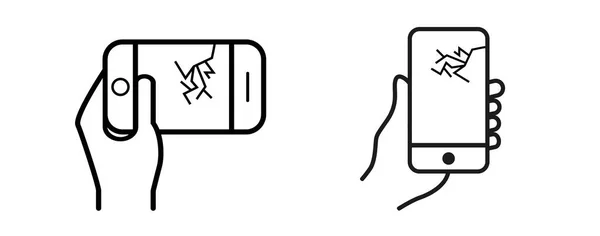 En la mano un smartphone con una grieta en la pantalla. Icono negro del teléfono móvil. Diseño plano — Vector de stock