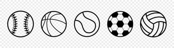 Спортивные мячи. Бейсбол, баскетбол, теннисный мяч, футбол, волейбол. Набор векторных иконок на белом фоне. — стоковый вектор