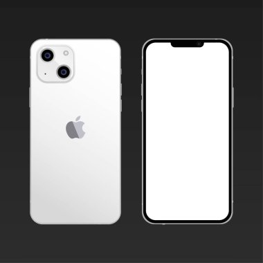 Vinnitsa, Ukrayna - 22 Eylül 2021 Yeni iPhone 13 beyaz. Ekran maketi ve iPhone arka tarafı. Vektör illüstrasyonu