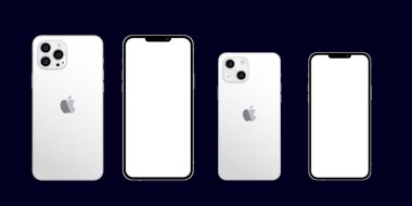 Vinnitsa, Ukrayna - 22 Eylül 2021 Yeni iPhone 13 mini profesyoneli beyazdır. Ekran maketi ve iPhone arka tarafı. Vektör illüstrasyonu
