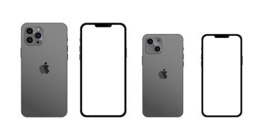 Vinnitsa, Ukrayna - 22 Eylül 2021 Yeni iPhone 13 mini profesyoneli beyazdır. Ekran maketi ve iPhone arka tarafı. Vektör illüstrasyonu