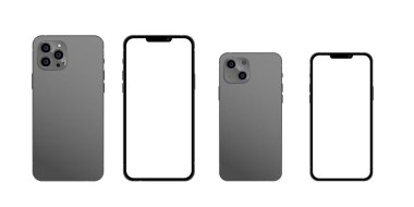 Vinnitsa, Ukrayna - 22 Eylül 2021 Yeni iPhone 13 mini profesyoneli beyazdır. Ekran maketi ve iPhone arka tarafı. Vektör illüstrasyonu