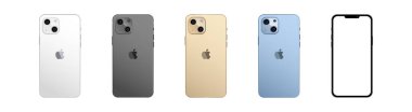 Vinnytsia, Ukrayna - 22 Eylül 2021 Gerçekçi model iPhone 13 mini renk, beyaz ekranlı akıllı telefon