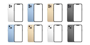 Vinnytsia, Ukrayna - 22 Eylül 2021 Gerçekçi model iPhone 13 her renkten profesyonel, beyaz ekranlı akıllı telefon
