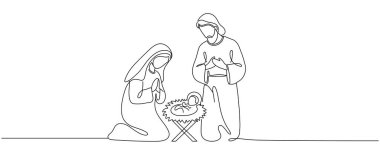 Sürekli bir satır Hristiyan İsa 'nın Meryem ve Yusuf' la birlikte doğduğu Noel vektörü sahnesi. Beytüllahim sahnesi. Düzenlenebilir satır