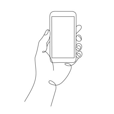 Cep telefonu ekranının aralıksız çizimi. Elinde akıllı telefon var. Akıllı telefon konsepti. Tek çizgi çizimi, vektör çizimi. Düzenlenebilir satır sanatı