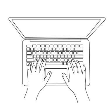 Bilgisayarda yazı yazan tek satırlık bir el çizimi. Klavyeye yazı yazan tek satırlı bir çizim. Düzenlenebilir satır