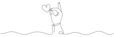 One line drawing of a hand holding a heart, isolated on a white background.Editable line