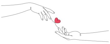 Sanat tarzında vektör illüstrasyonu: kalbi tutan iki el. Düzenlenebilir satır.