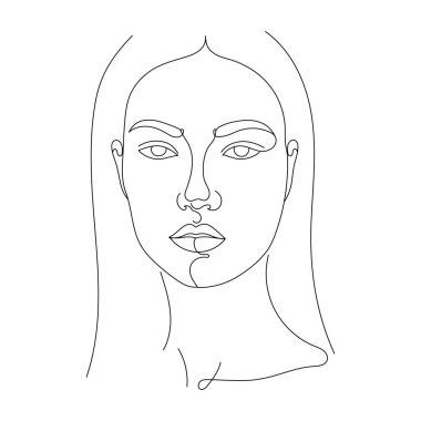 Kadın yüzünün soyut tek çizgi çizimi. Minimalist tarzda vektör illüstrasyonu. Düzenlenebilir satır sanatı
