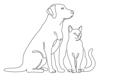 Bir kedi ve köpeğin sürekli birlikte oturduğu bir çizgi. Evcil hayvan dükkanı ya da veteriner kliniği için dekoratif bir sanat logosu. Düzenlenebilir vektör illüstrasyonu