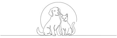 Bir kedi ve köpeğin sürekli birlikte oturduğu bir çizgi. Evcil hayvan dükkanı ya da veteriner kliniği için dekoratif bir sanat logosu. Düzenlenebilir vektör illüstrasyonu