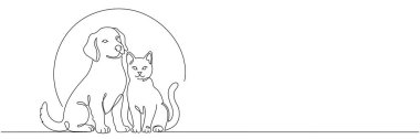 Bir kedi ve köpeğin sürekli birlikte oturduğu bir çizgi. Evcil hayvan dükkanı ya da veteriner kliniği için dekoratif bir sanat logosu. Düzenlenebilir vektör illüstrasyonu