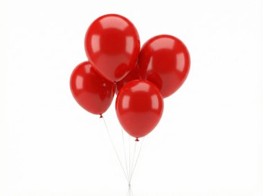 Parlak kırmızı helyum balonları beyaz arka planda bir araya getirilmiş. Parti davetiyeleri, promosyonlar, satış afişleri, doğum günleri ve şenlikli yaratıcı projeler için ideal..