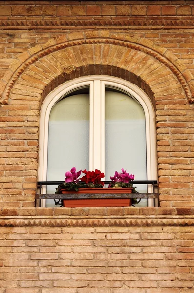 Fenêtre médiévale avec pots de fleurs — Photo