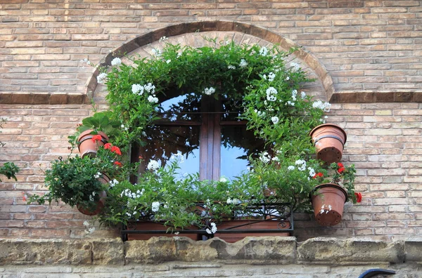 Medeltida fönster med blommor krukor — Stockfoto
