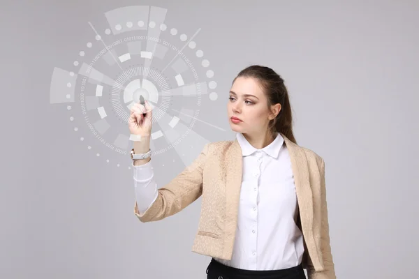 Future technology. Woman working with futuristic interface — Stock Photo, Image