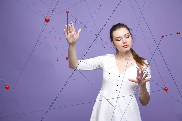 Young girl working with virtual net — Stock Photo, Image